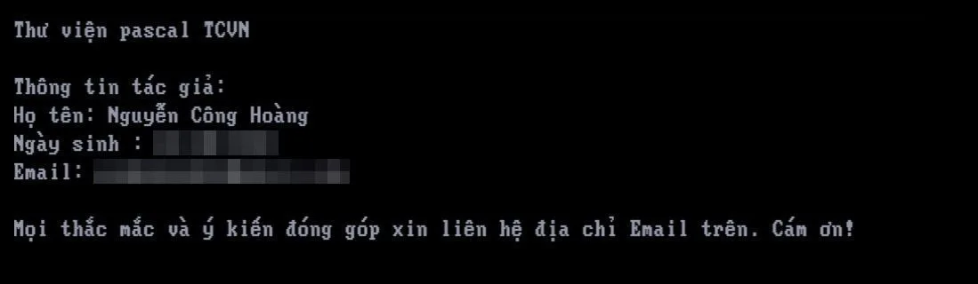 Màn hình TCVNInf: Thư viện pascal TCVN, thông tin tác giả Nguyễn Công Hoàng, ngày sinh và email đã được làm mờ