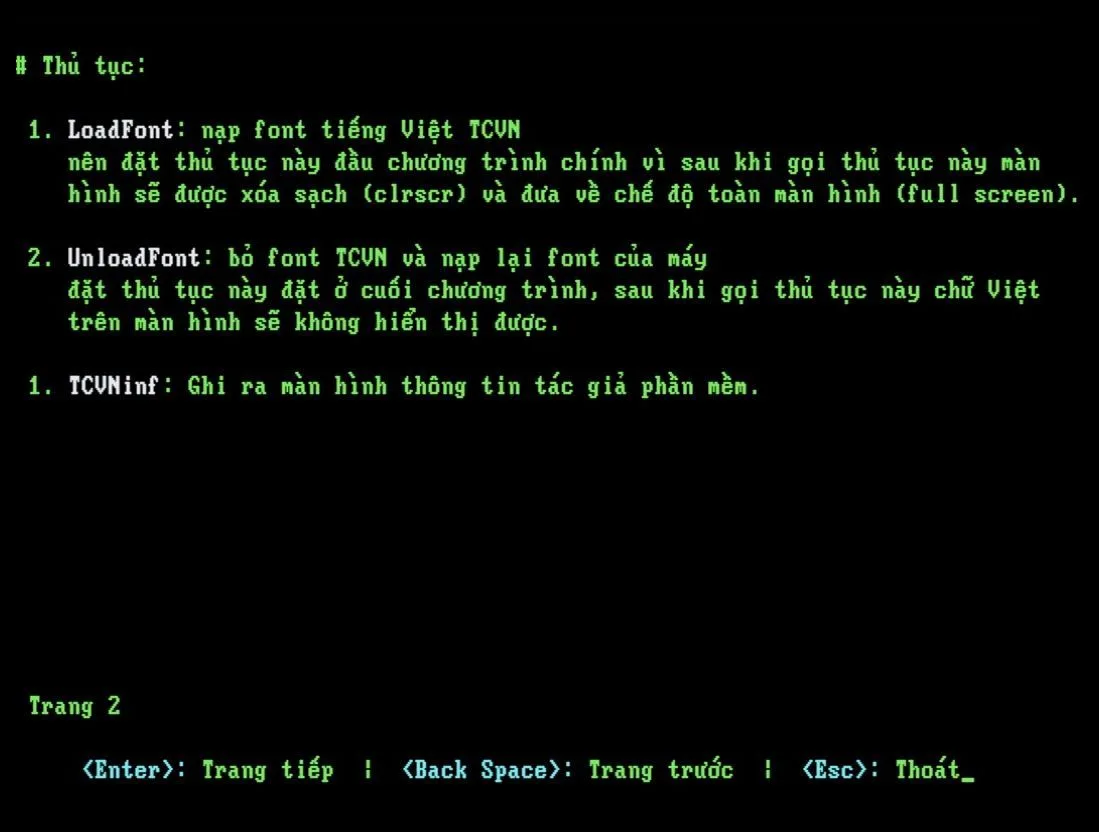 Trang 2 của TCVNHELP.EXE: LoadFont nạp font tiếng Việt TCVN, UnloadFont trả lại font của máy, TCVNinf ghi ra màn hình thông tin tác giả phần mềm