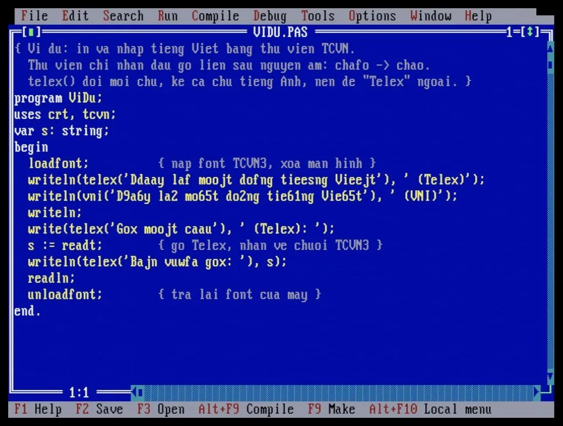 VIDU.PAS mở trong trình soạn thảo Turbo Pascal 7.0, nền xanh