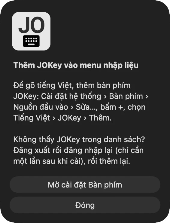 Hộp thoại của JOKey: Thêm JOKey vào menu nhập liệu