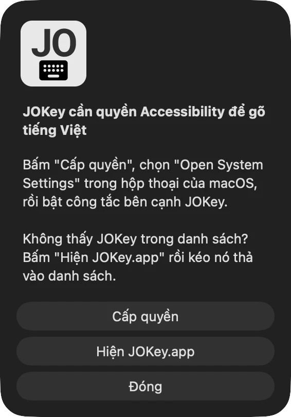 Hộp thoại của JOKey: JOKey cần quyền Accessibility để gõ tiếng Việt