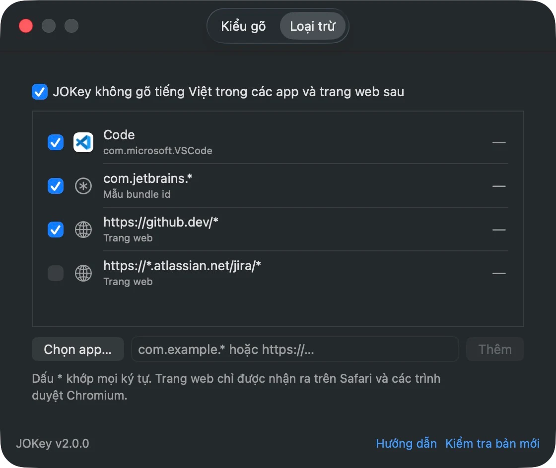 Tab Loại trừ trong cửa sổ Cài đặt của JOKey