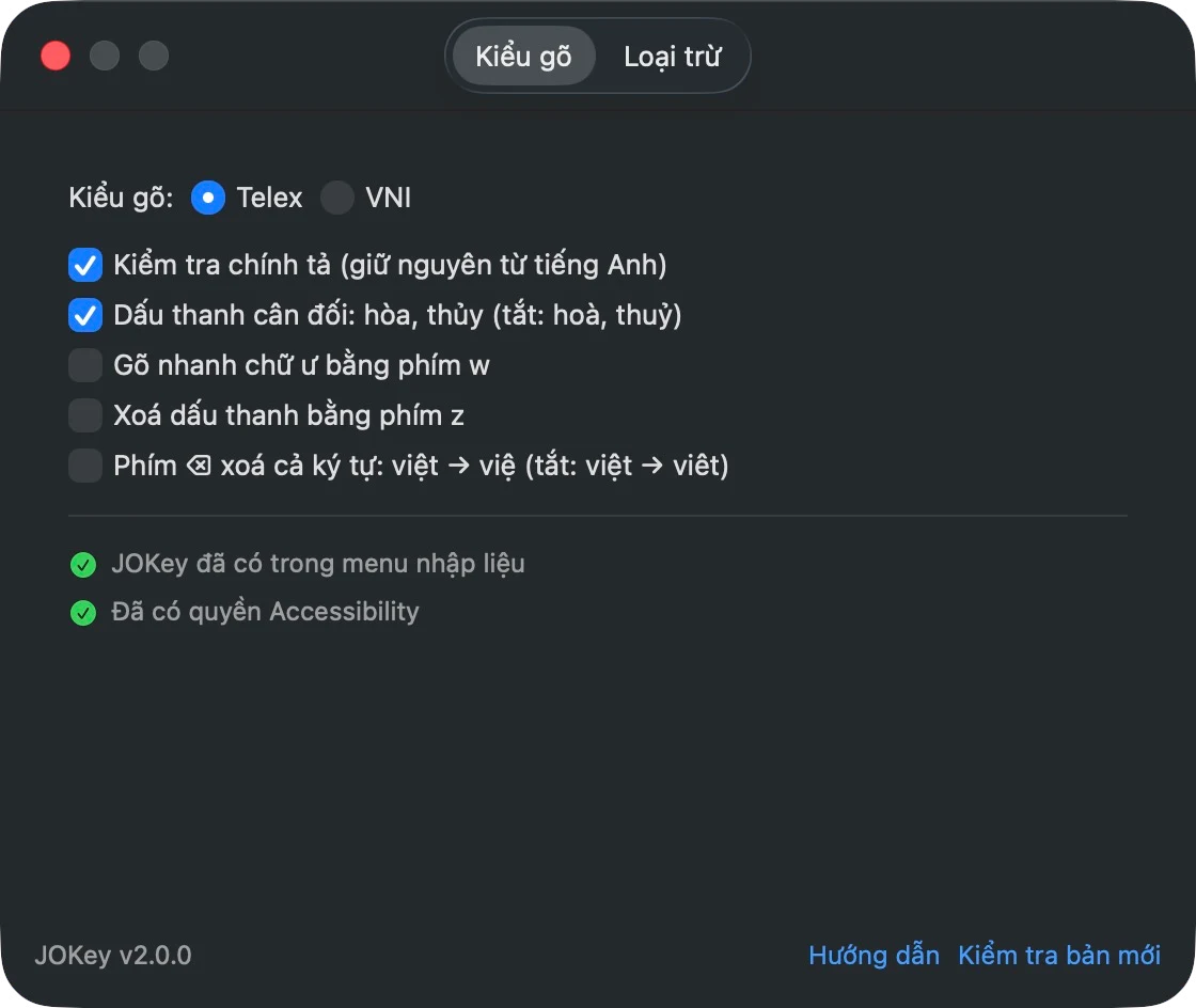 JOKey's settings window: Telex or VNI and the typing options
