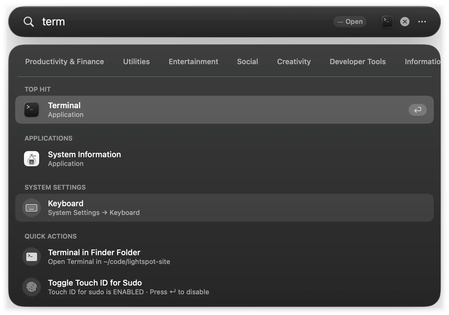 Results for “term”: Terminal as Top Hit, then System Information, the Keyboard settings pane and two quick actions