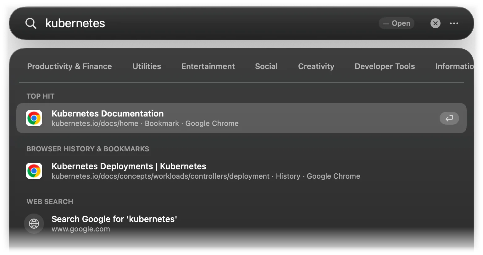 Typing kubernetes: a bookmark as Top Hit and a history entry below it