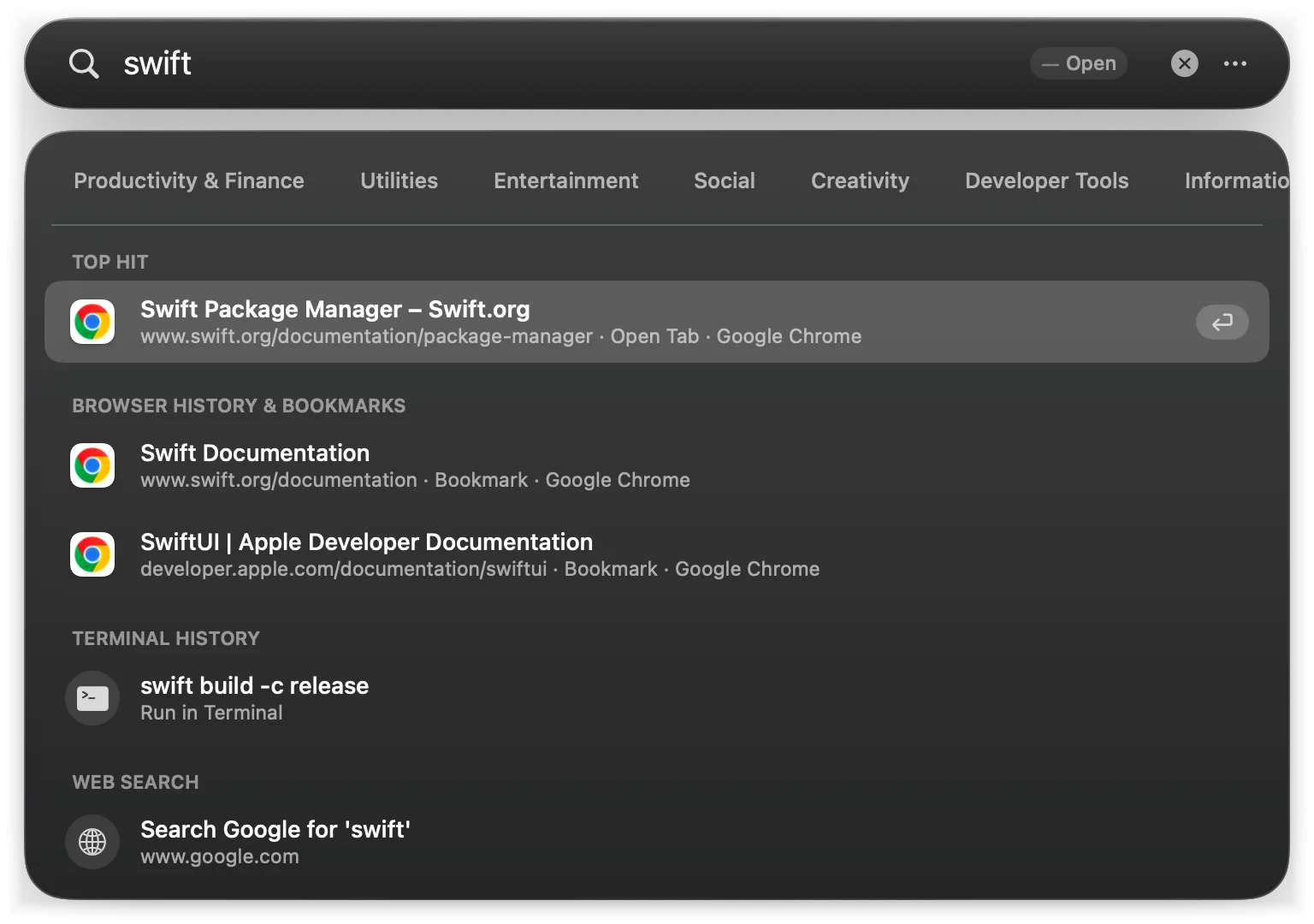 An open tab and bookmarks from the default browser matching “swift”