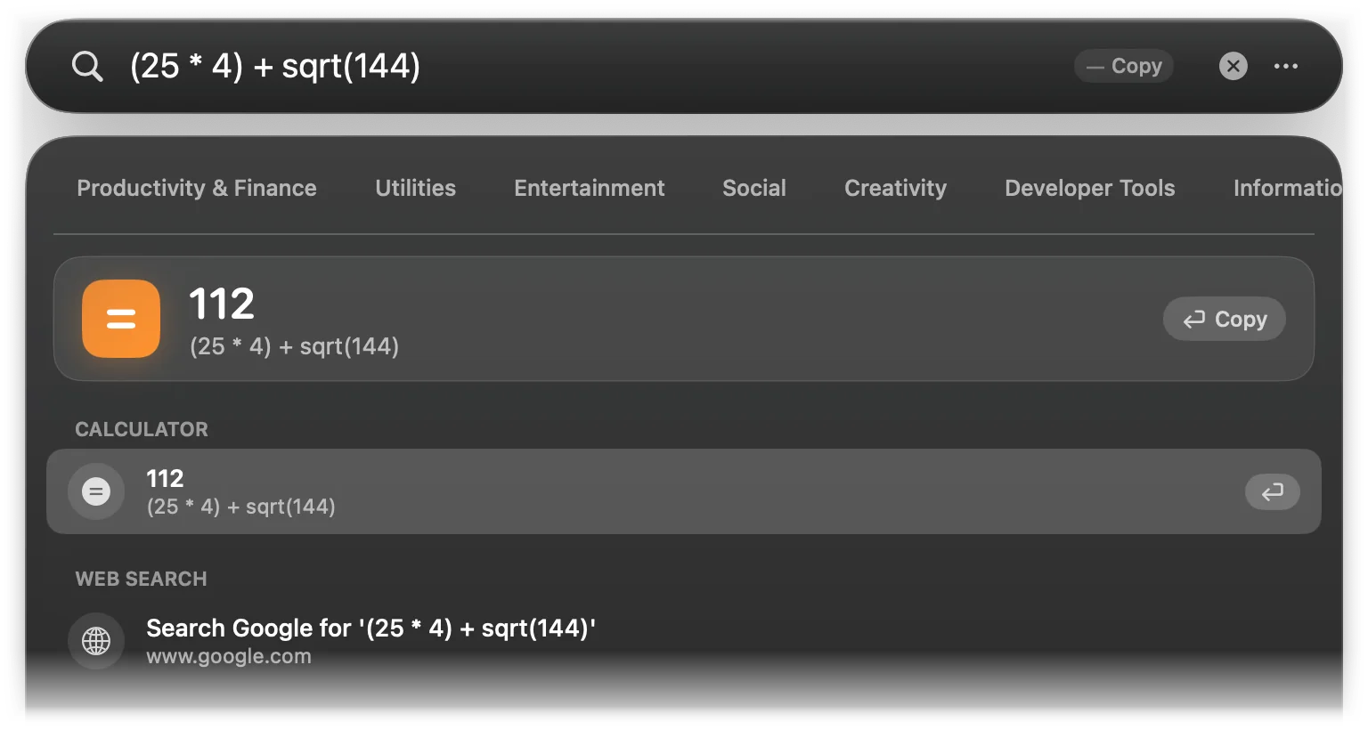 Lightspot showing 112 for the expression (25 * 4) + sqrt(144)