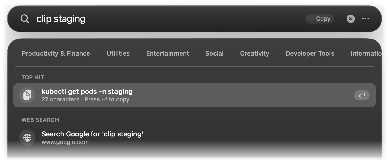 clip staging finds a copied kubectl command