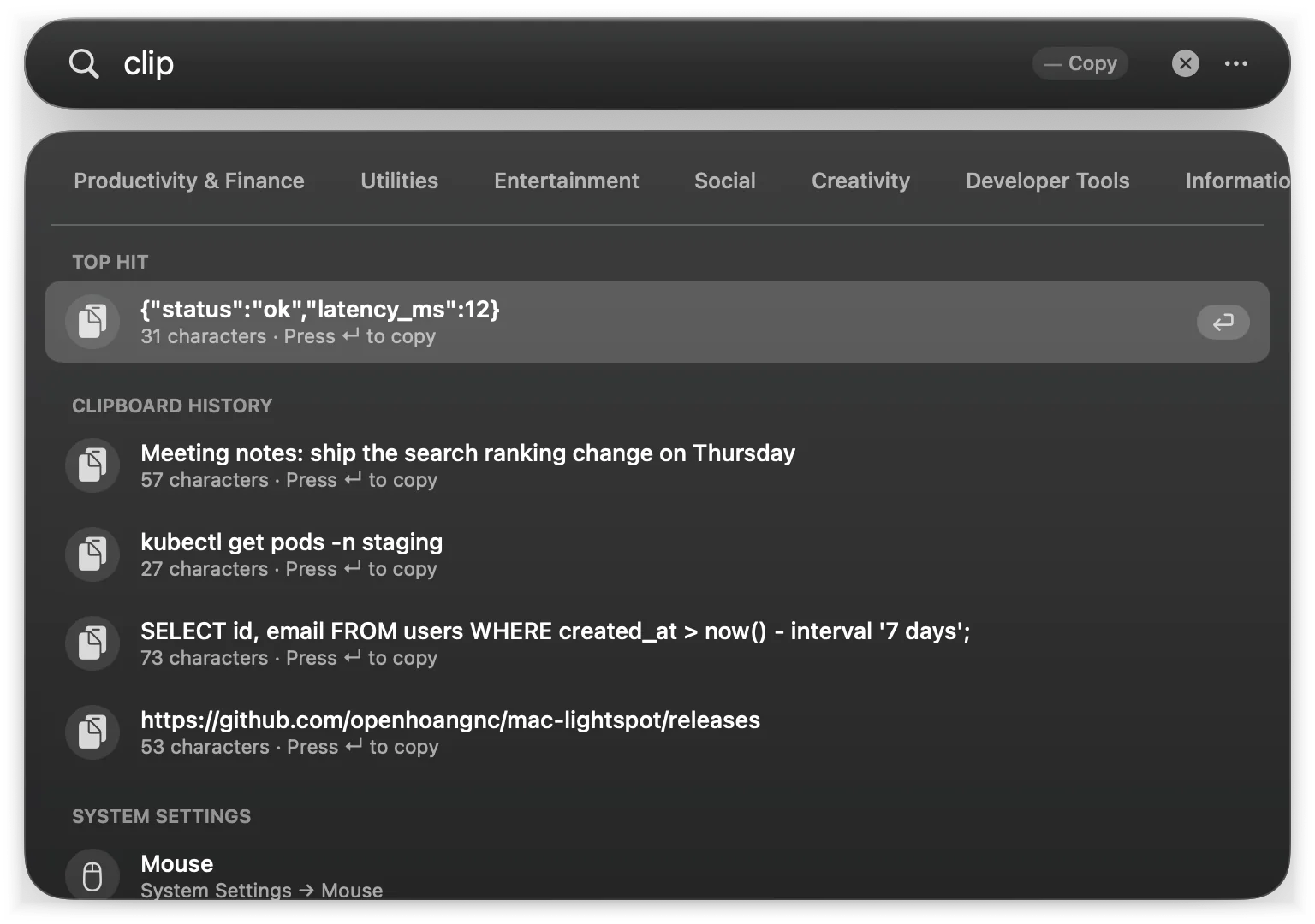 Typing clip lists the most recent clipboard entries with their lengths