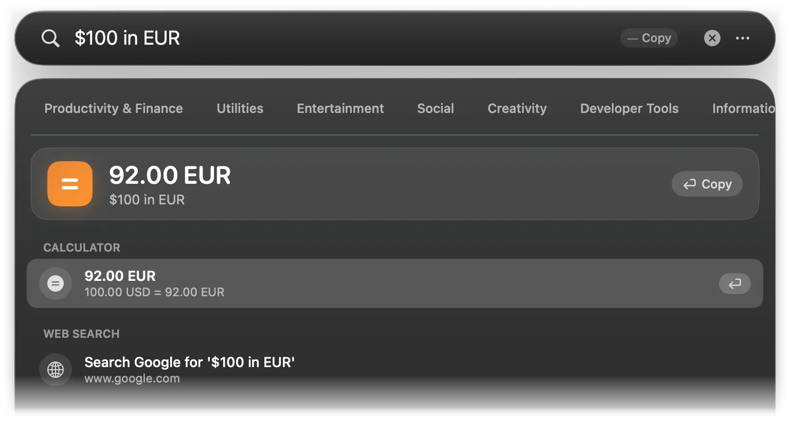 $100 in EUR converted to 92.00 EUR