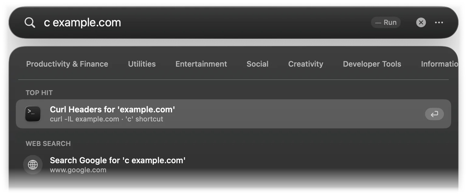 c example.com shows Curl Headers for 'example.com', running curl -IL example.com
