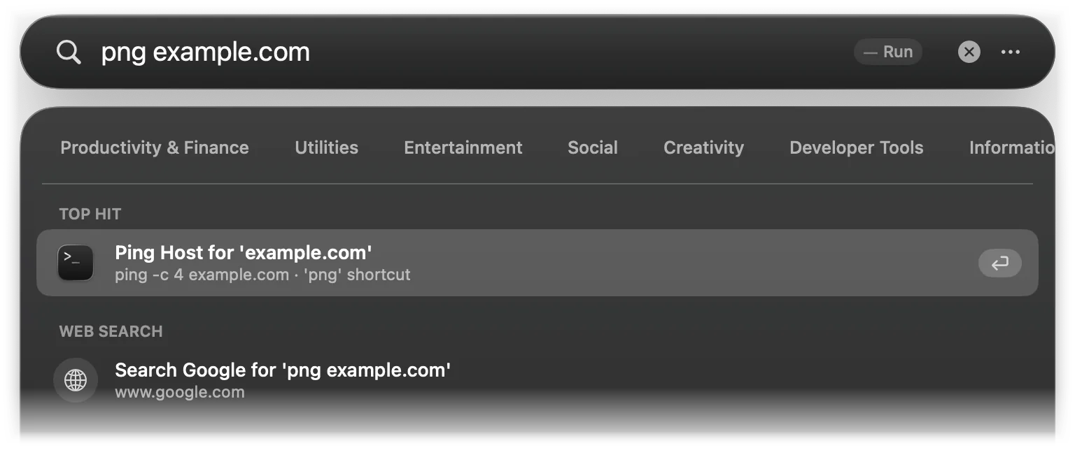 png example.com shows Ping Host for 'example.com' with the command ping -c 4 example.com