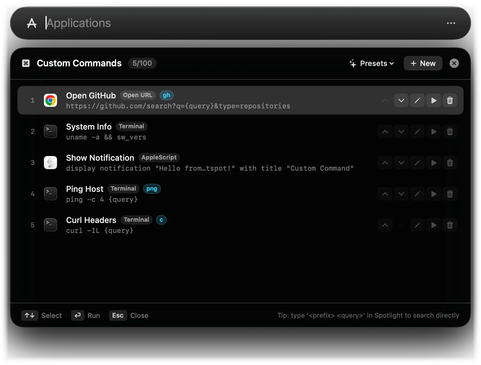 The Custom Commands manager listing five commands with their prefixes