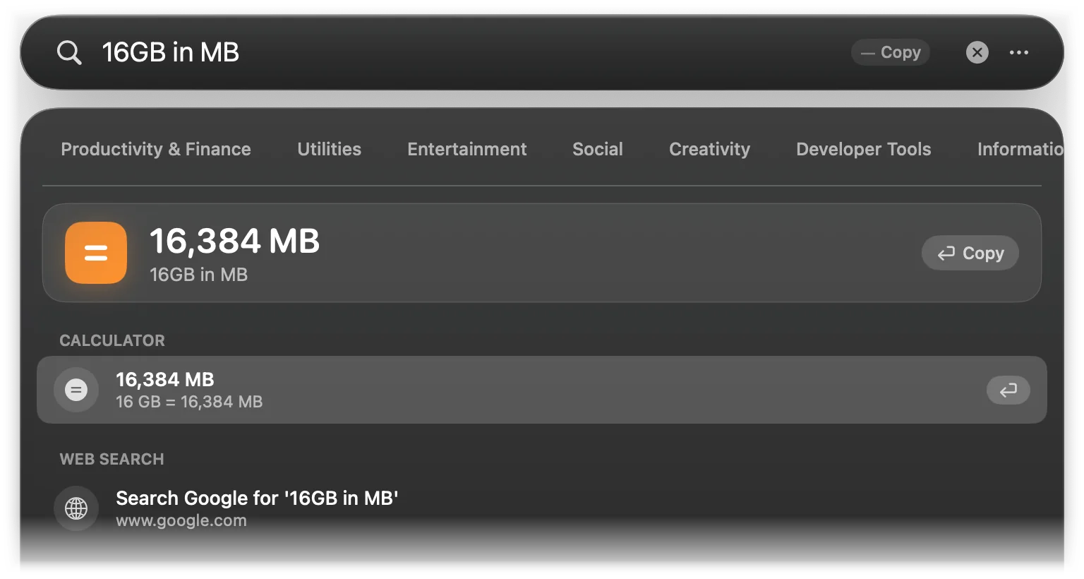16GB in MB converted to 16,384 MB
