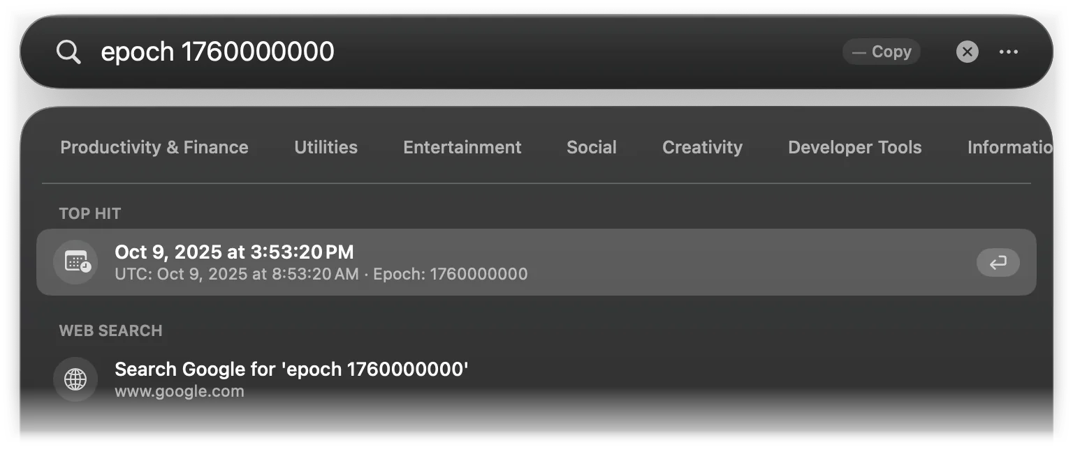 epoch 1760000000 shown as Oct 9, 2025 at 3:53:20 PM local time, 8:53:20 AM UTC