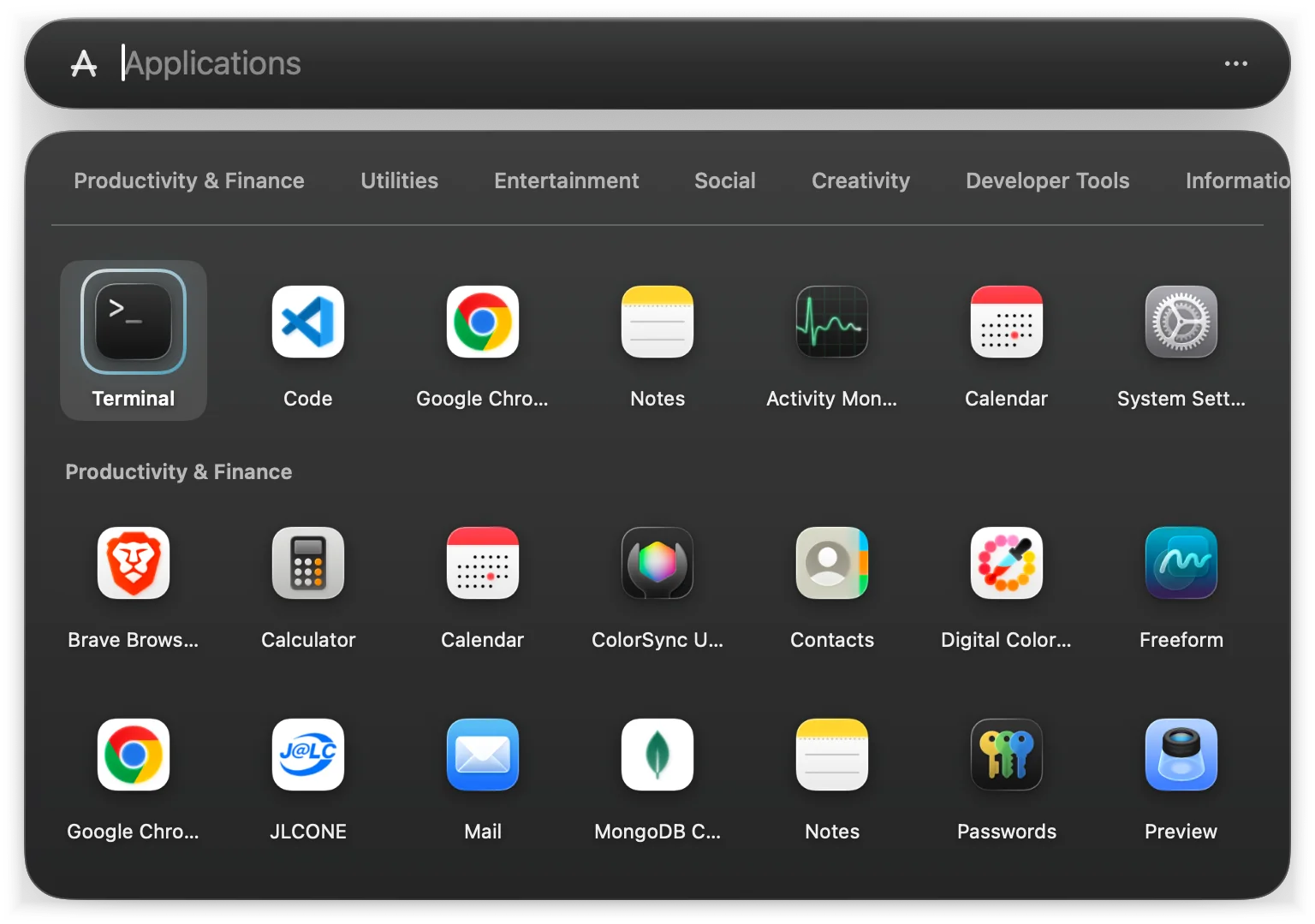 Lightspot open with an empty query: recent apps on top, then apps grouped by category
