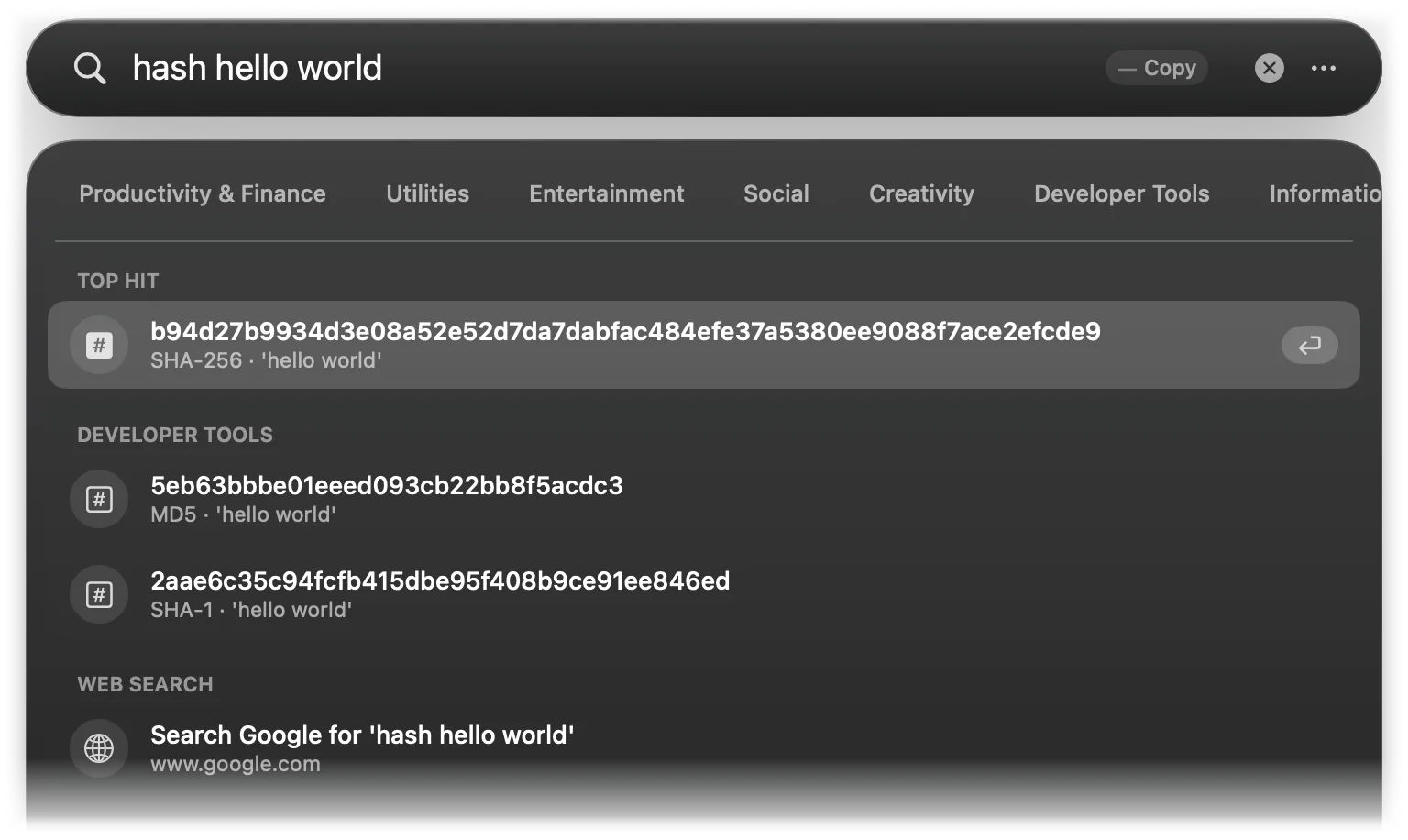 hash hello world shows the SHA-256, MD5 and SHA-1 of “hello world”