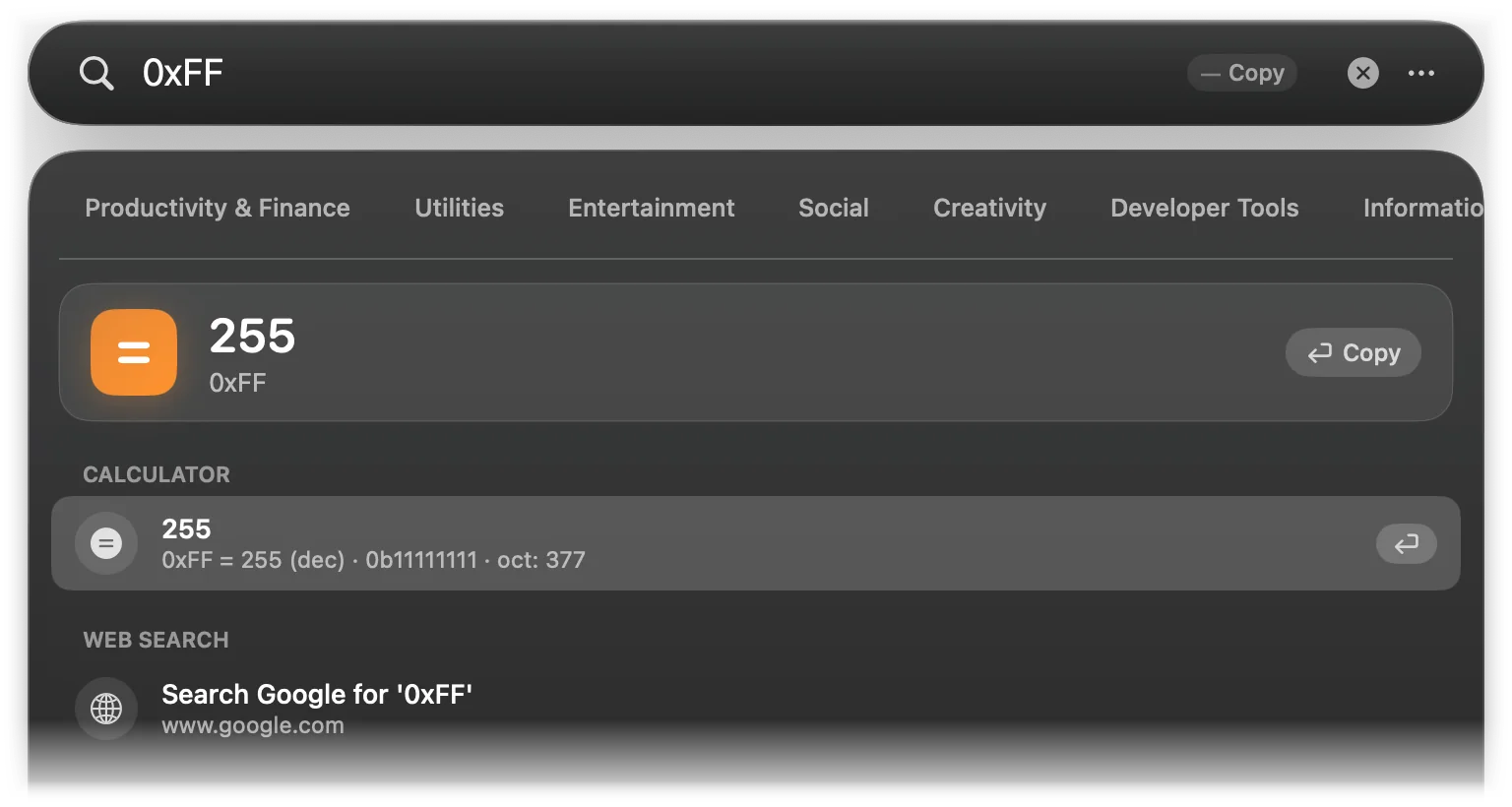 0xFF shown as 255, with binary 0b11111111 and octal 377 in the subtitle