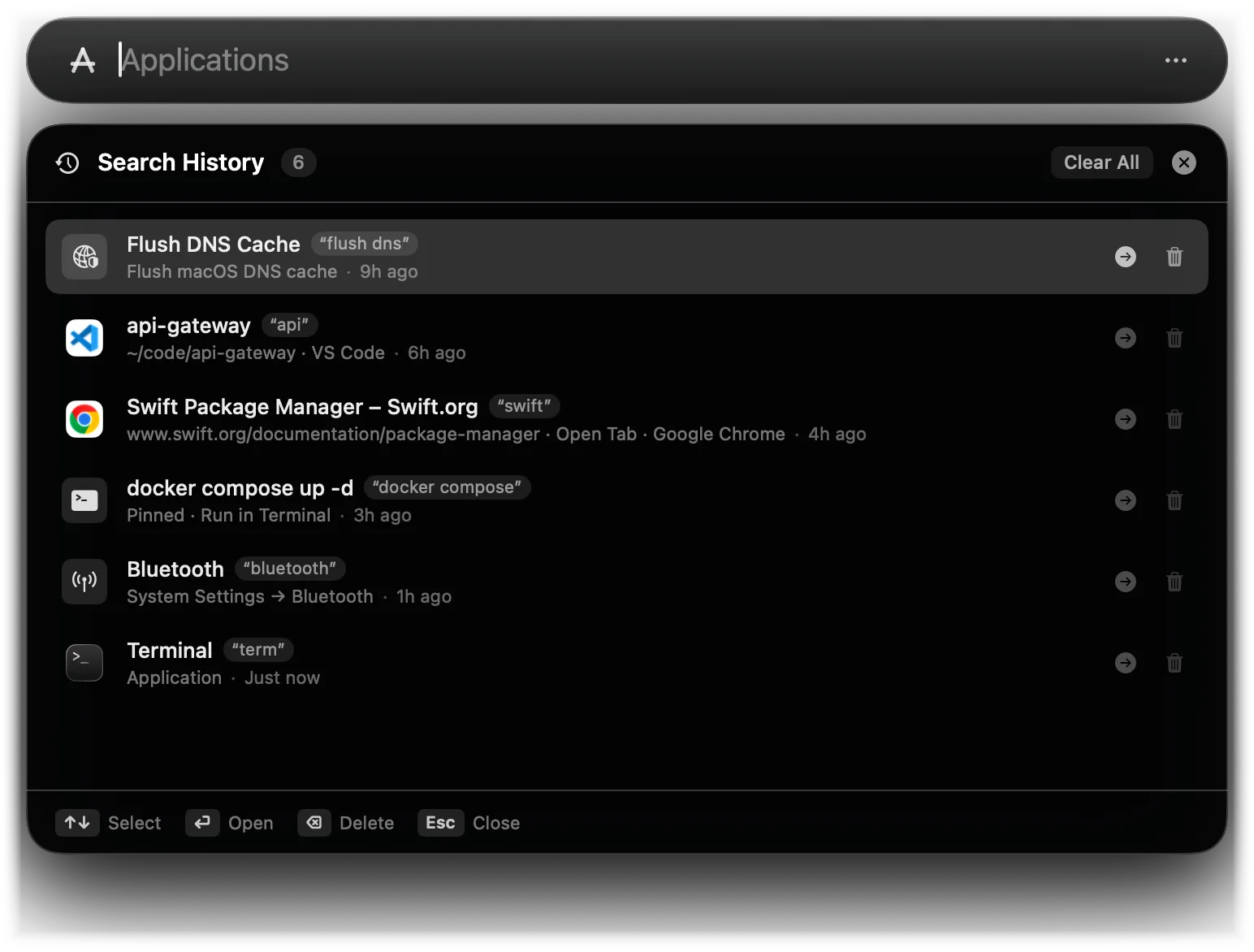 The Search History overlay listing six results with the query that found each one and how long ago