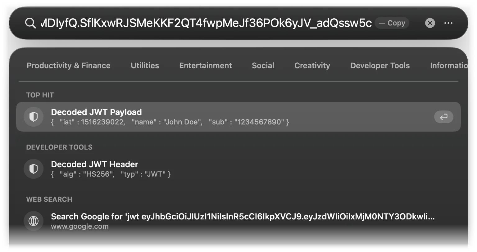 A JWT decoded into its payload (iat, name, sub) and its header (alg, typ)