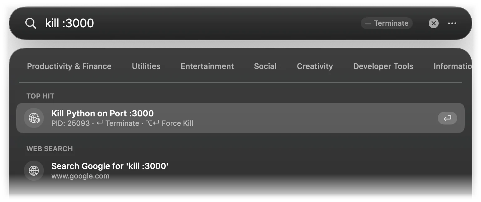 A result offering to kill the process listening on port 3000