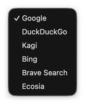The Search Engine menu with six engines, Google checked