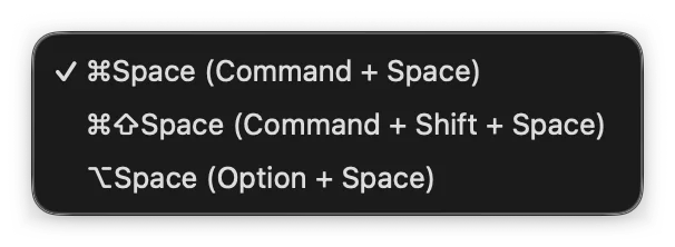 The Shortcut menu with three choices