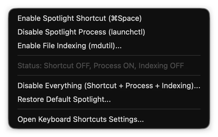 The System Spotlight menu: three toggles, a status line, Disable Everything, Restore Default Spotlight and Open Keyboard Shortcuts Settings