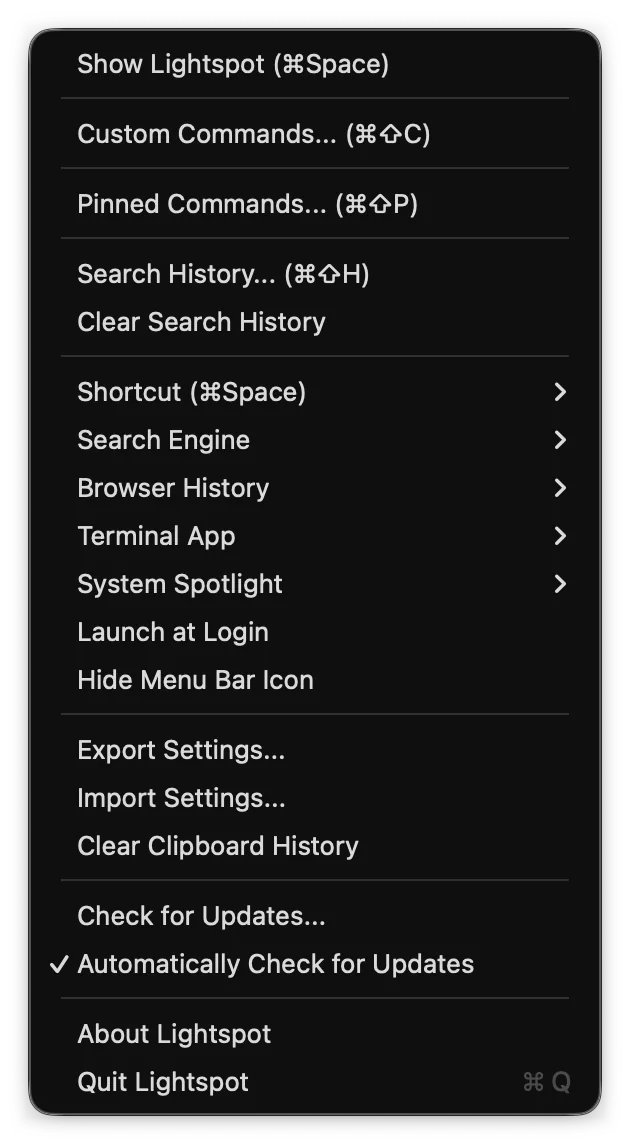 Lightspot’s menu bar menu