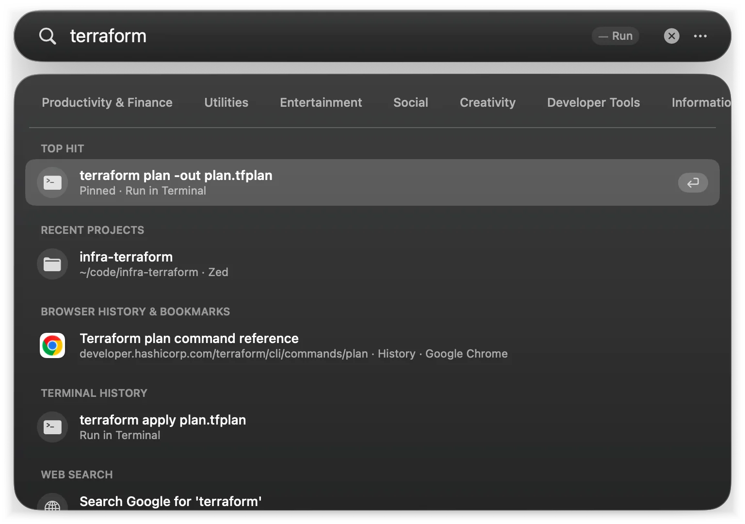 Typing terraform: the pinned terraform plan command is the Top Hit, with a project, a browser history page and another command below
