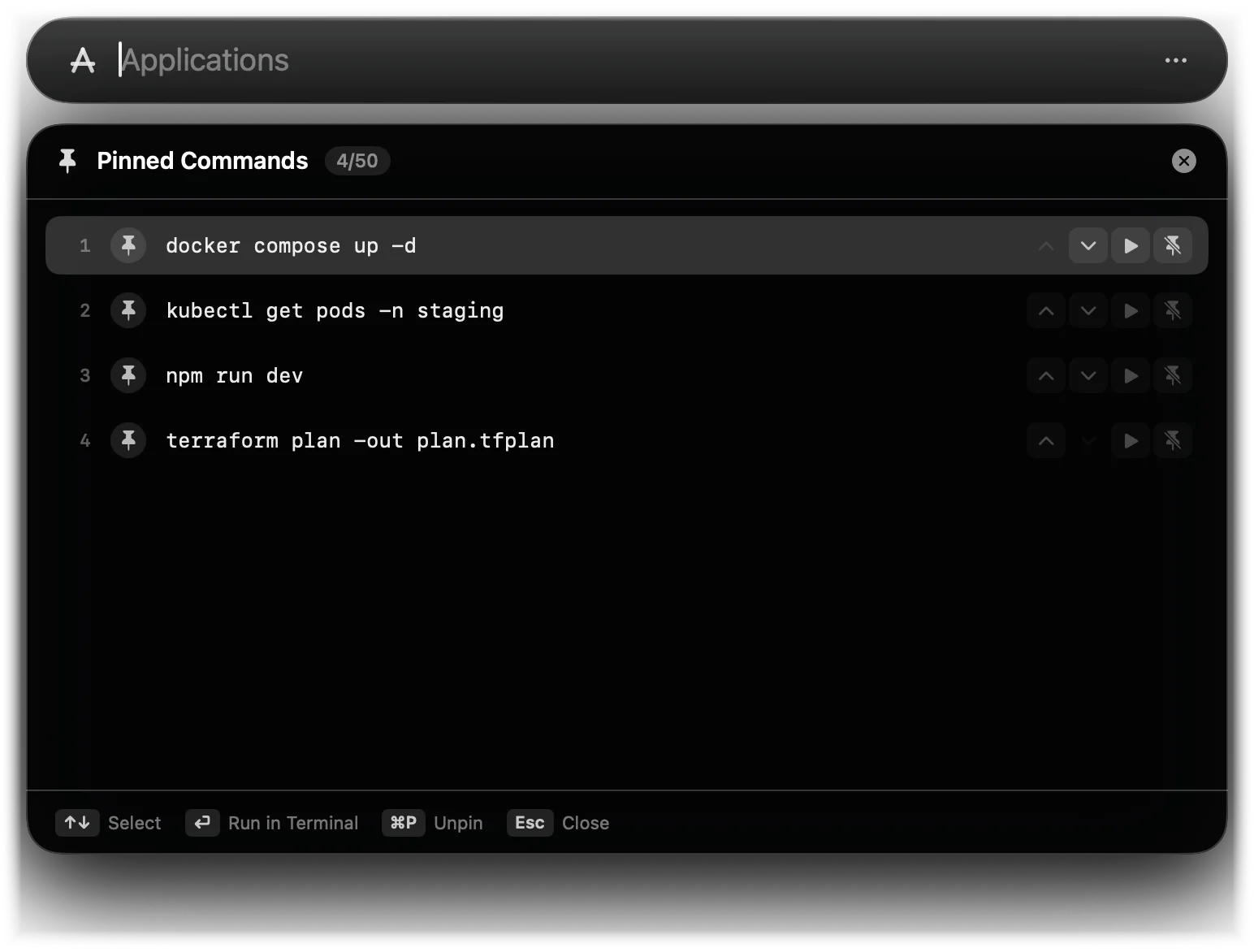 The Pinned Commands overlay with four commands and buttons to reorder, run and unpin