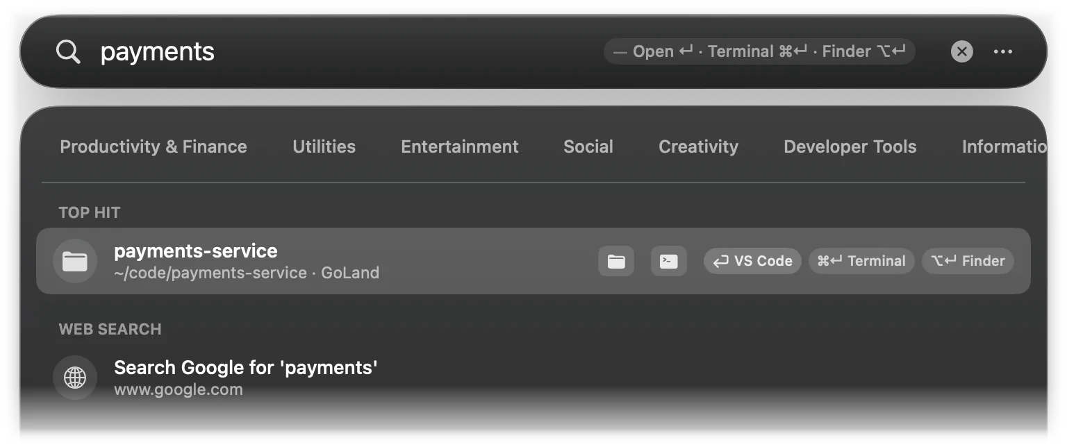 A recent project with buttons to open it in its editor, Terminal or Finder