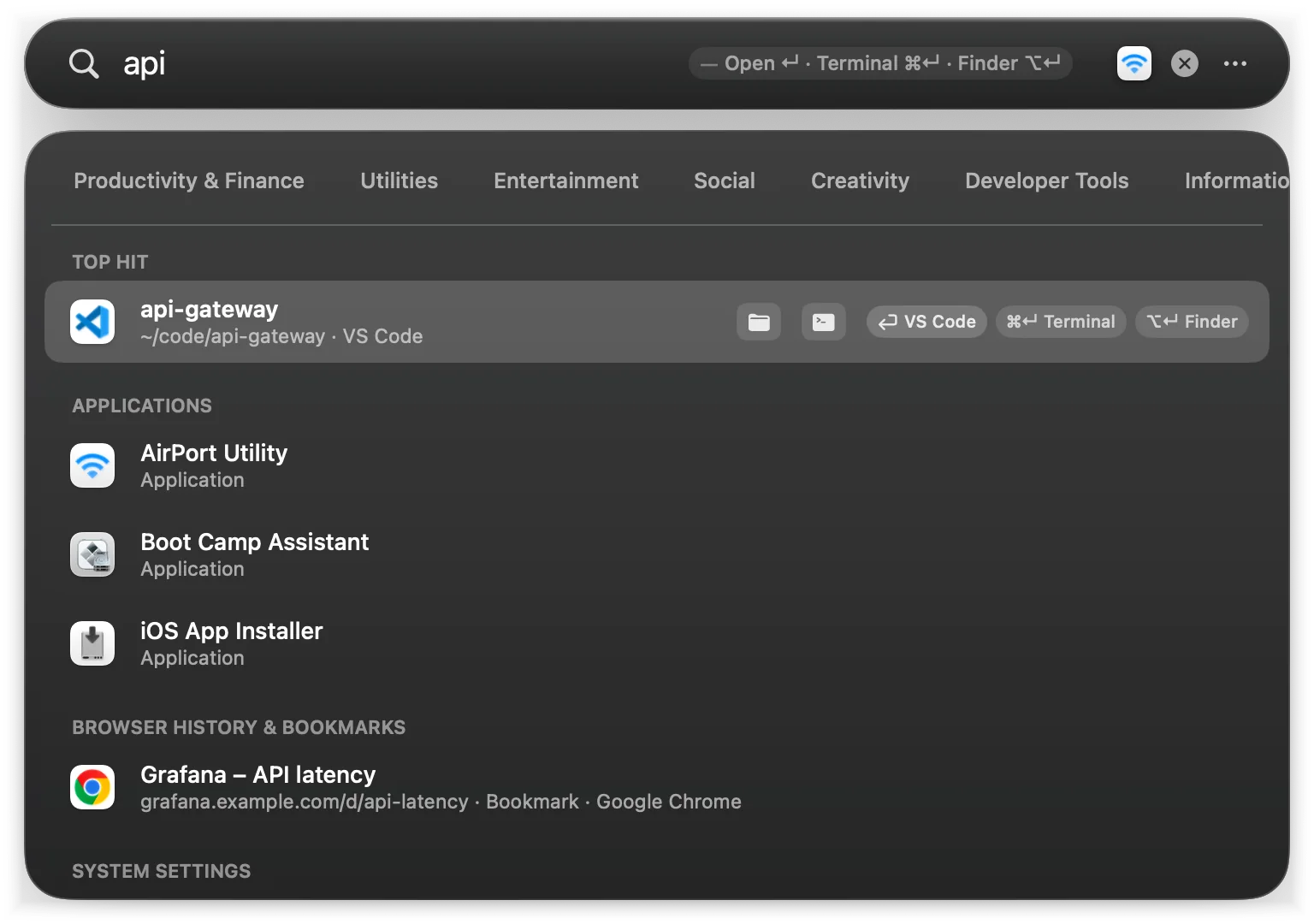 Typing api: the api-gateway project as Top Hit with apps, a bookmark and System Settings below