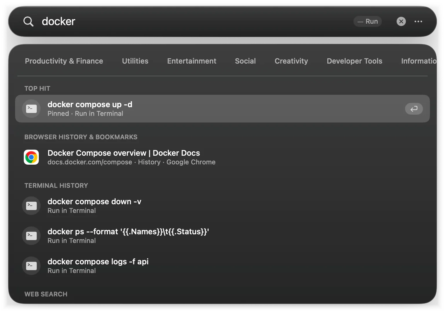 Lightspot listing docker commands from zsh history, a pinned one on top