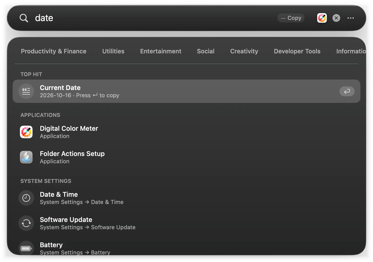 date shows the Current Date snippet as Top Hit, followed by apps and the Date & Time settings pane
