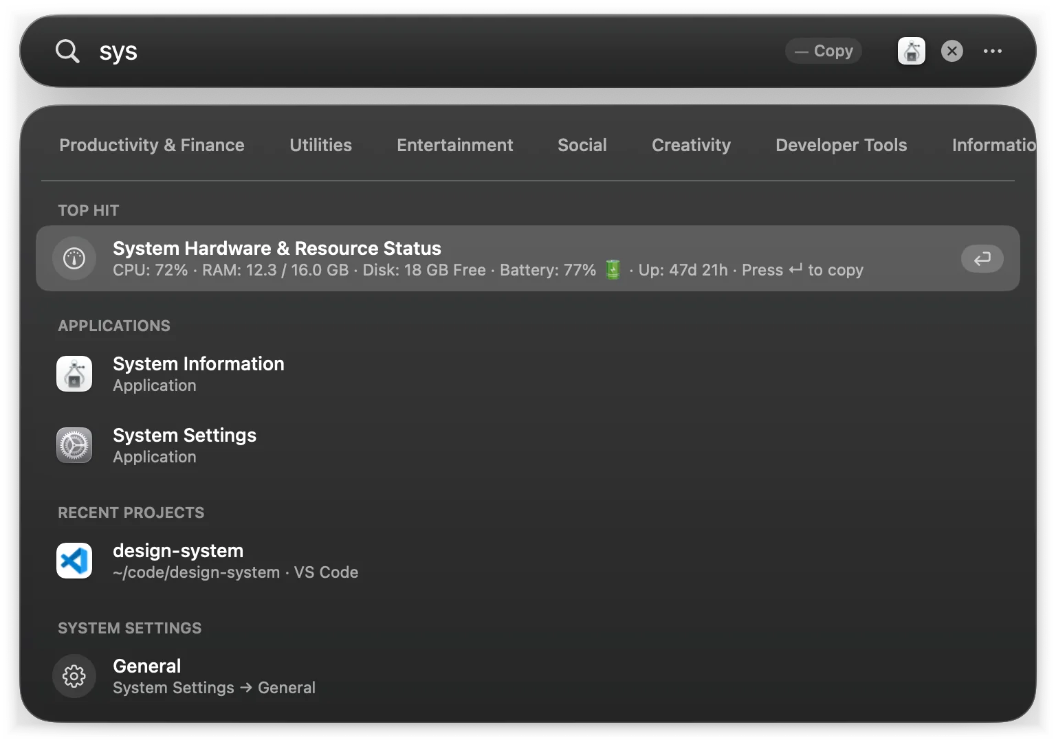 System Hardware & Resource Status: CPU, RAM, free disk, battery and uptime on one line