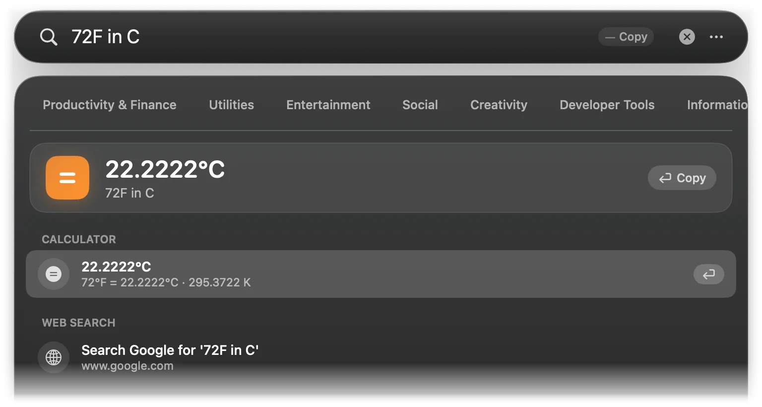 72F in C converted to 22.2222°C, with 295.3722 K in the subtitle