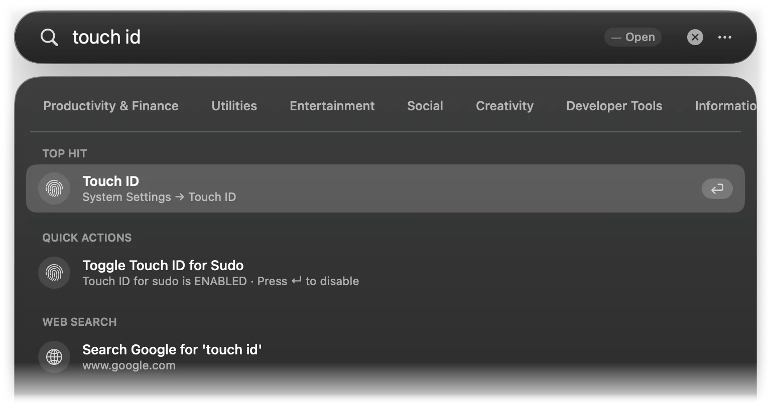 Typing touch id: the Touch ID settings pane and the Toggle Touch ID for Sudo action, currently enabled