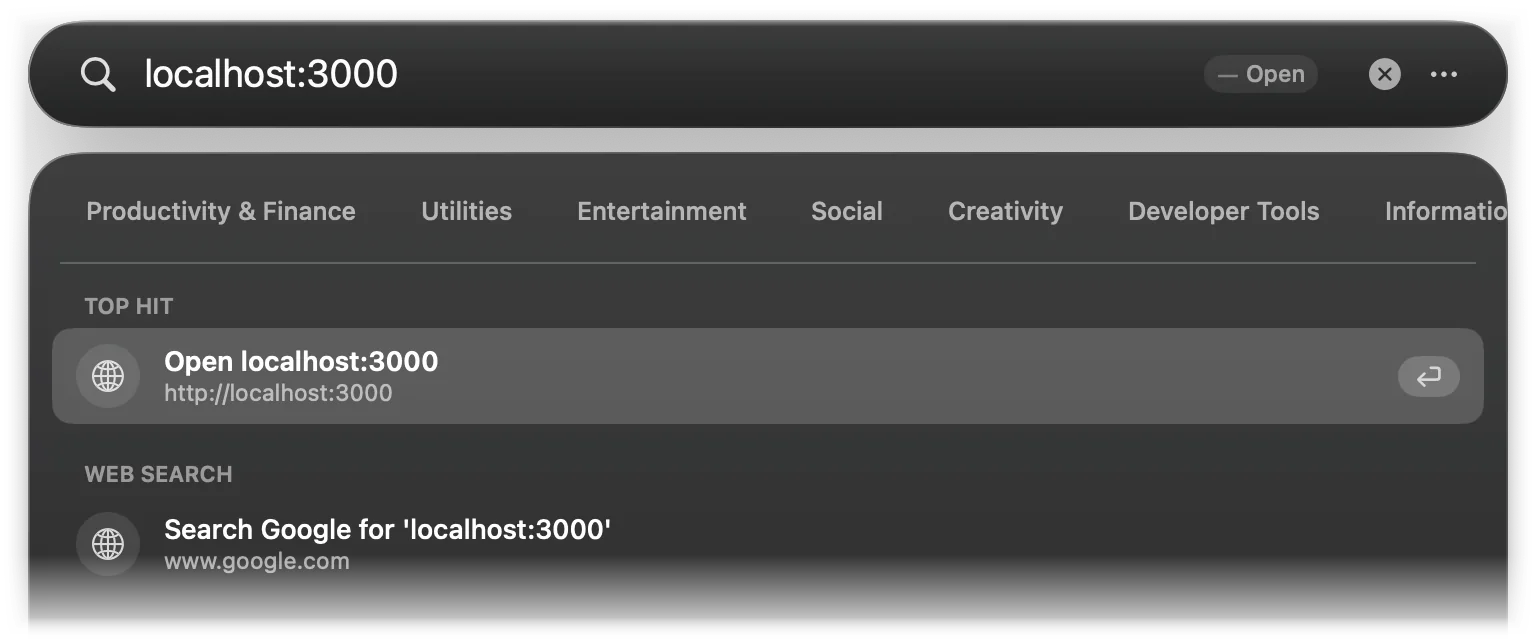 localhost:3000 shows Open localhost:3000 as the Top Hit