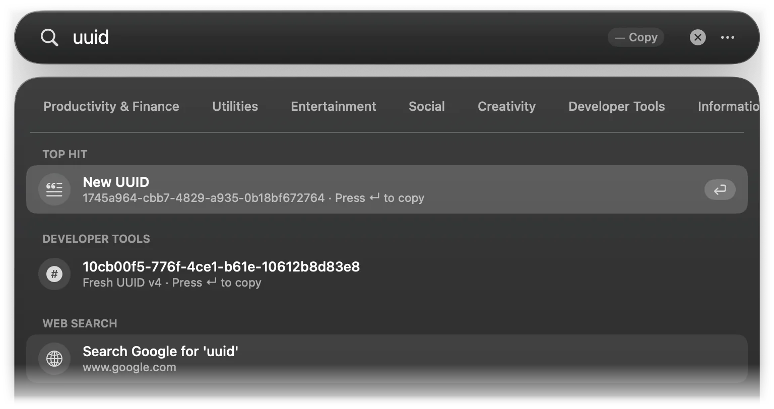Typing uuid shows the New UUID snippet as Top Hit and a fresh UUID v4 under Developer Tools