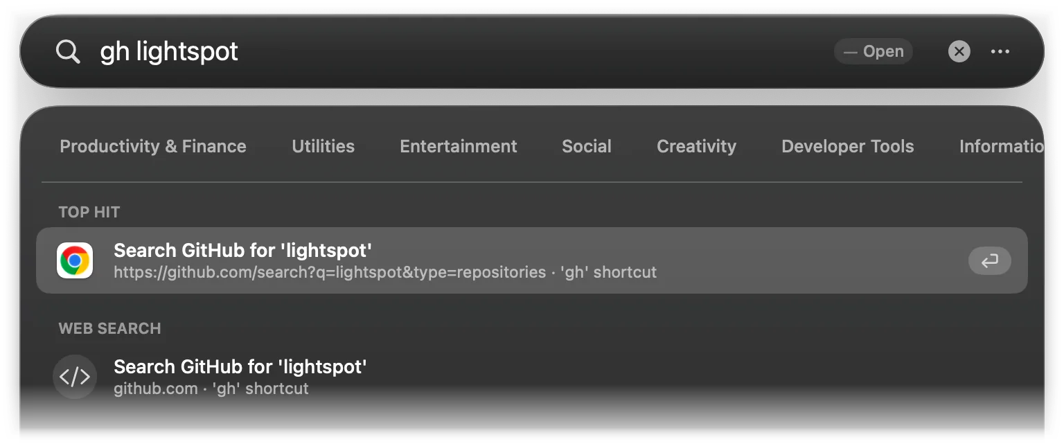 gh lightspot shows the Open GitHub custom command as Top Hit and the built-in GitHub prefix under Web Search