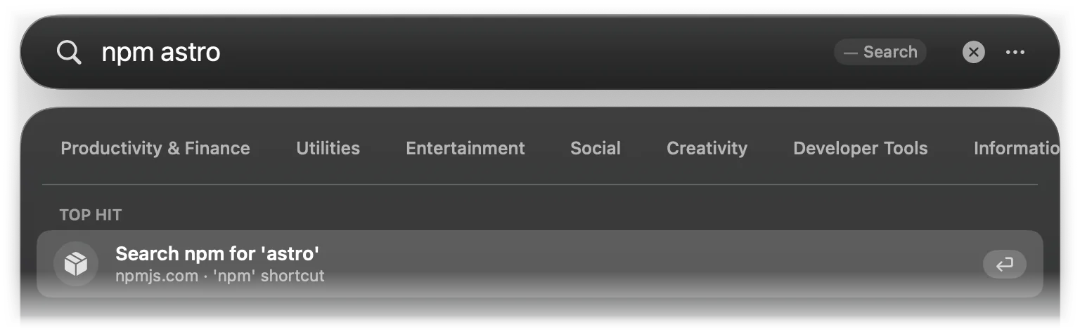 npm astro shows Search npm for 'astro'