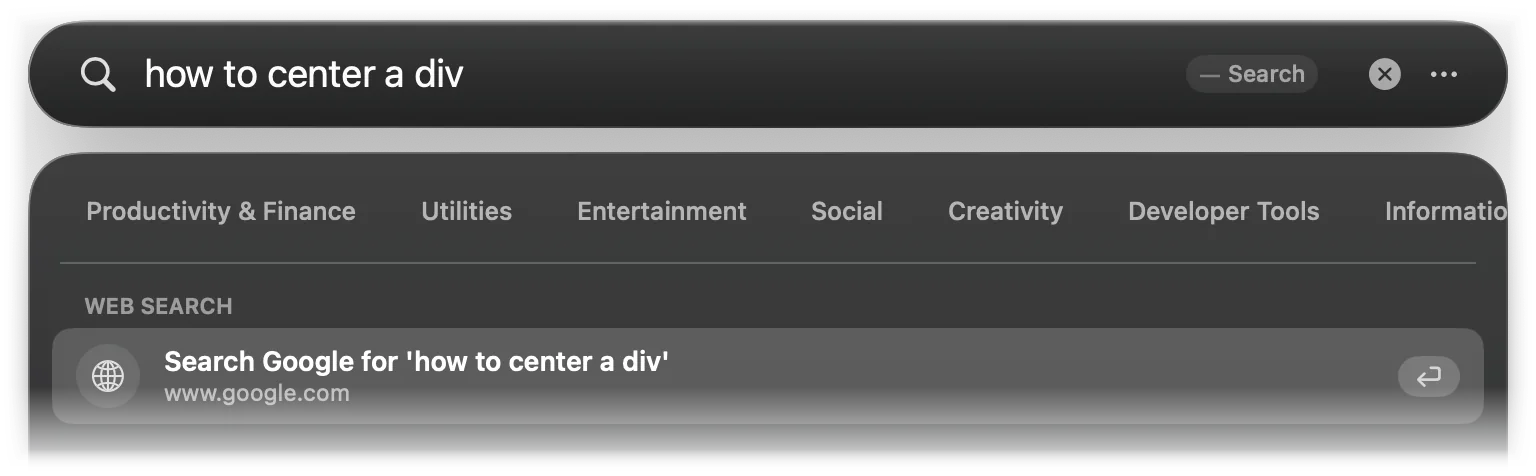 A query with no other matches shows only Search Google for it