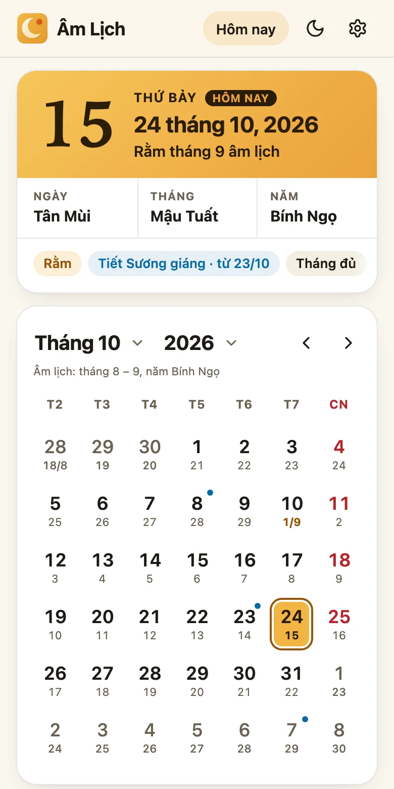 Âm Lịch trên điện thoại: thẻ ngày 24/10/2026 ở trên, lịch tháng 10 ở dưới, chấm xanh ở các ngày bắt đầu tiết khí