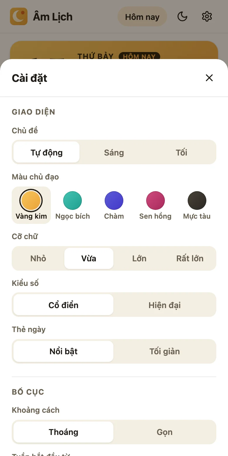Bảng Cài đặt trên điện thoại: chủ đề, năm màu chủ đạo, cỡ chữ, kiểu số, thẻ ngày, khoảng cách và ngày đầu tuần