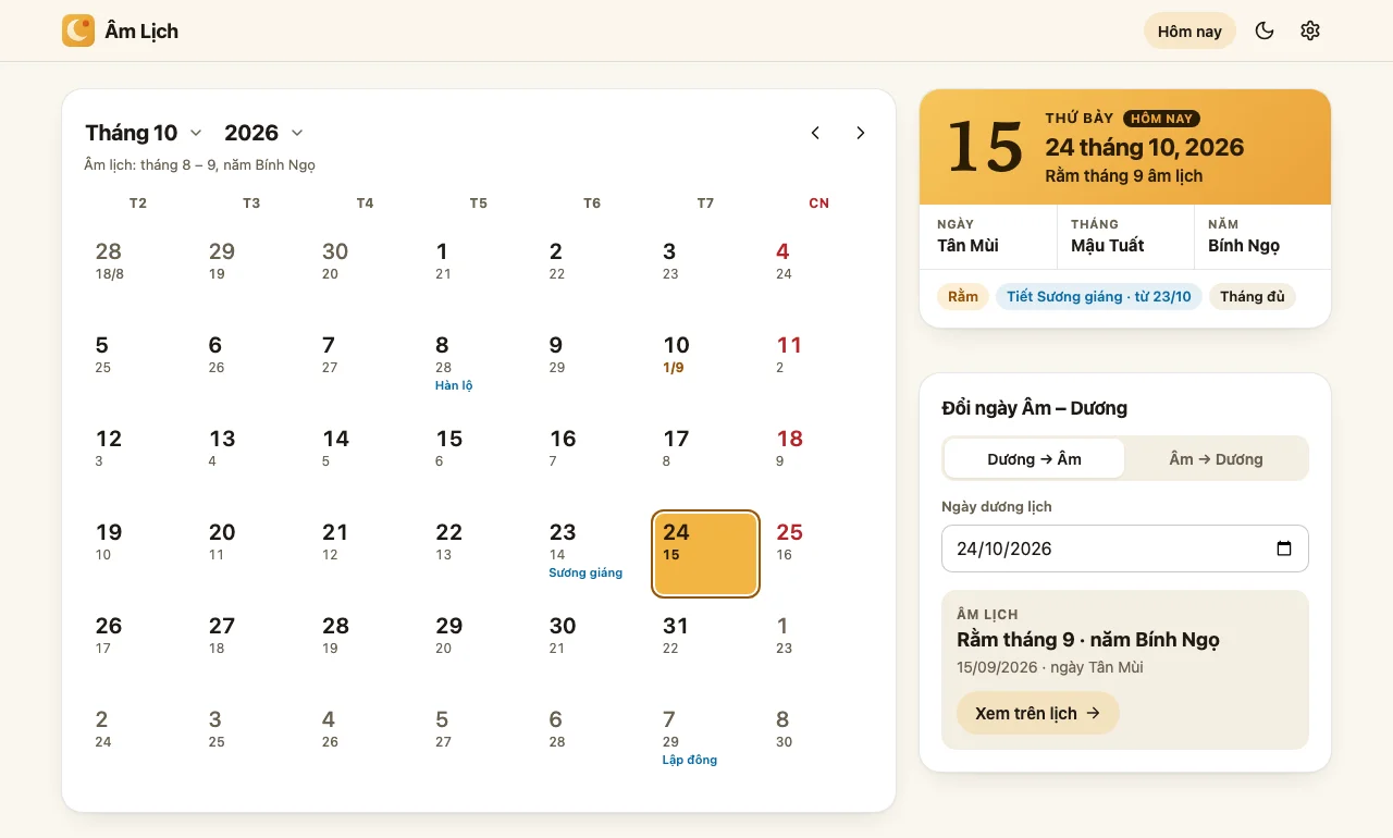 Âm Lịch trên máy tính: lịch tháng 10/2026 ghi kèm ngày âm, thẻ ngày 24/10 (rằm tháng 9, ngày Tân Mùi, tiết Sương giáng) và ô đổi ngày Âm – Dương