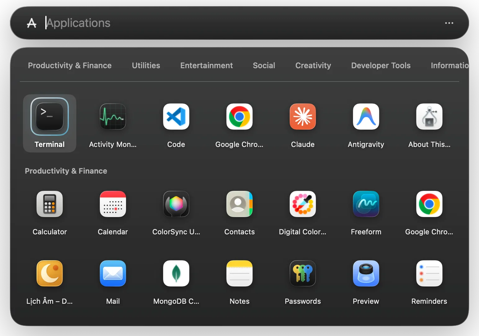 Lightspot search bar with apps grouped into categories such as Productivity, Utilities and Developer Tools